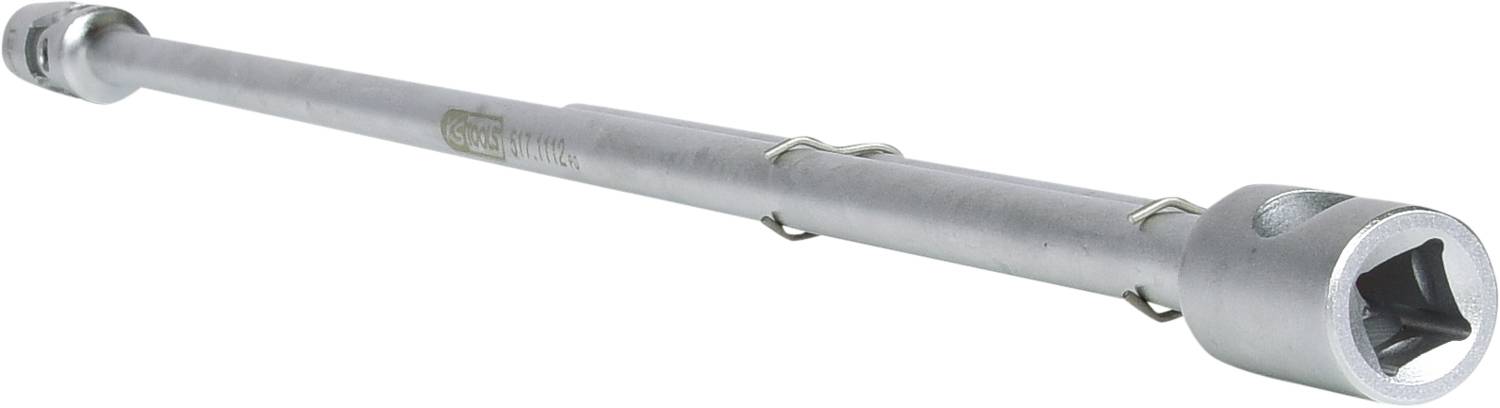 Ein silberner drehbarer Steckschlüssel mit quadratischem Ende, ideal zum Lösen oder Befestigen von Muttern und Schrauben.