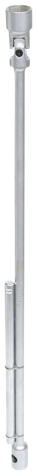 Langes, silbernes Metallwerkzeug, möglicherweise ein Verlängerungsstift für eine Stecknuss, mit Verbindungsgelenken an beiden Enden.