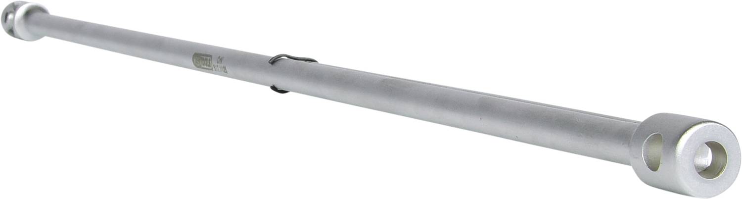 Silberne Metallstange mit zwei offenen Enden und glatter Oberfläche, horizontal ausgerichtet.