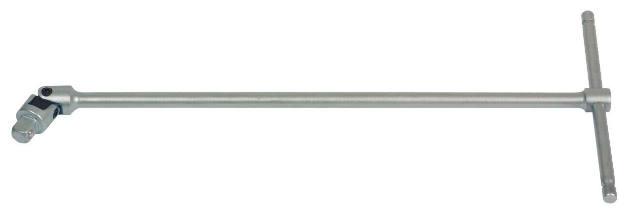 Ein silberfarbener Steckschlüssel-Schwenkhebel mit T-Griff und schwenkbarem Kopf, geeignet für schwer erreichbare Schraubstellen.