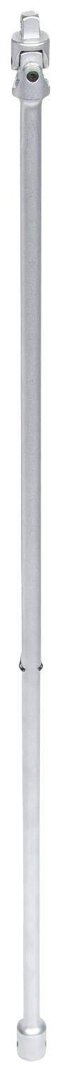 Ein langer, silberner Metallpfosten mit zwei offenen Enden und verstellbaren Klemmen. Geeignet für Bau- oder Montagearbeiten.
