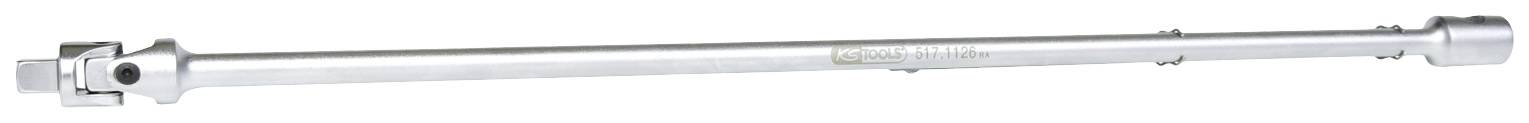 Langes, silbernes Metallrohr mit Gewinden und Verbindungsstücken. Sieht aus wie ein Teil einer mechanischen Vorrichtung.