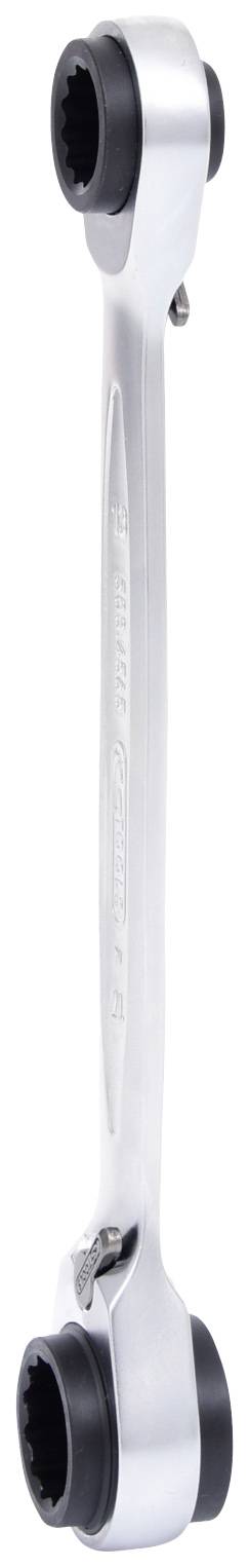 Ein silberner Schraubenschlüssel mit zwei schwarzen Gummigriff-Enden.