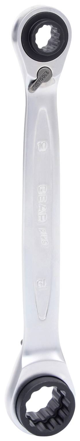 Ein silberner Ratschenringschlüssel mit zwei offenen Ende für unterschiedliche Schraubengrößen, geeignet zum Lösen und Anziehen von Muttern.