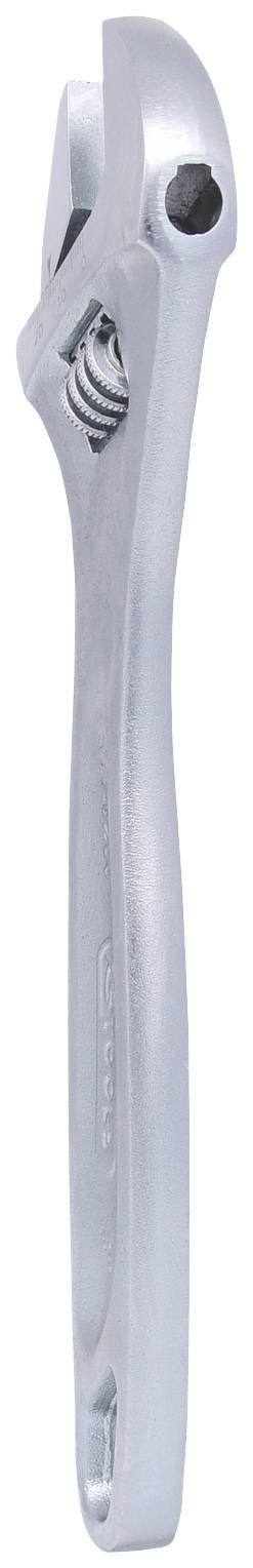 Ein verstellbarer Schraubenschlüssel aus Metall in Seitenansicht, mit sichtbarer Schraube zum Einstellen der Maulweite.