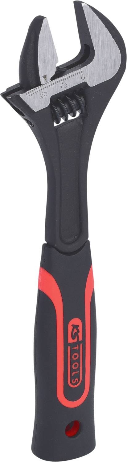 Ein verstellbarer Schraubenschlüssel mit robustem, schwarz-rotem Griff, geeignet für verschiedene Schraubgrößen.