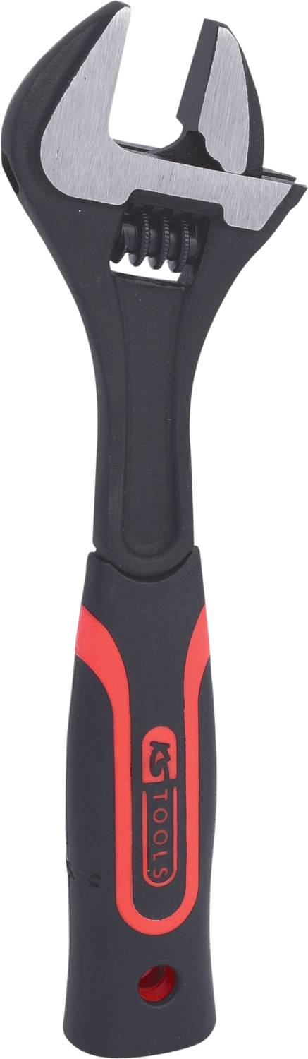 Verstellbarer Schraubenschlüssel mit schwarzem Griff und rot-schwarzem Design.