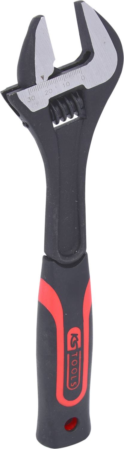 Ein verstellbarer Schraubenschlüssel mit schwarzem Griff und rotem Detail, geeignet für unterschiedliche Schraubengrößen.