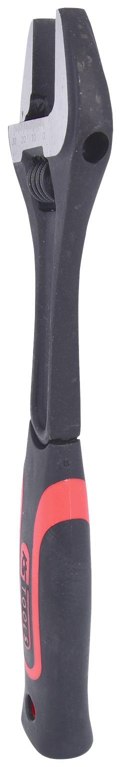 Verstellbarer Schraubenschlüssel mit schwarzem und rotem Griff, geeignet für verschiedene Schraubengrößen, Darstellung aus der Seitenansicht.