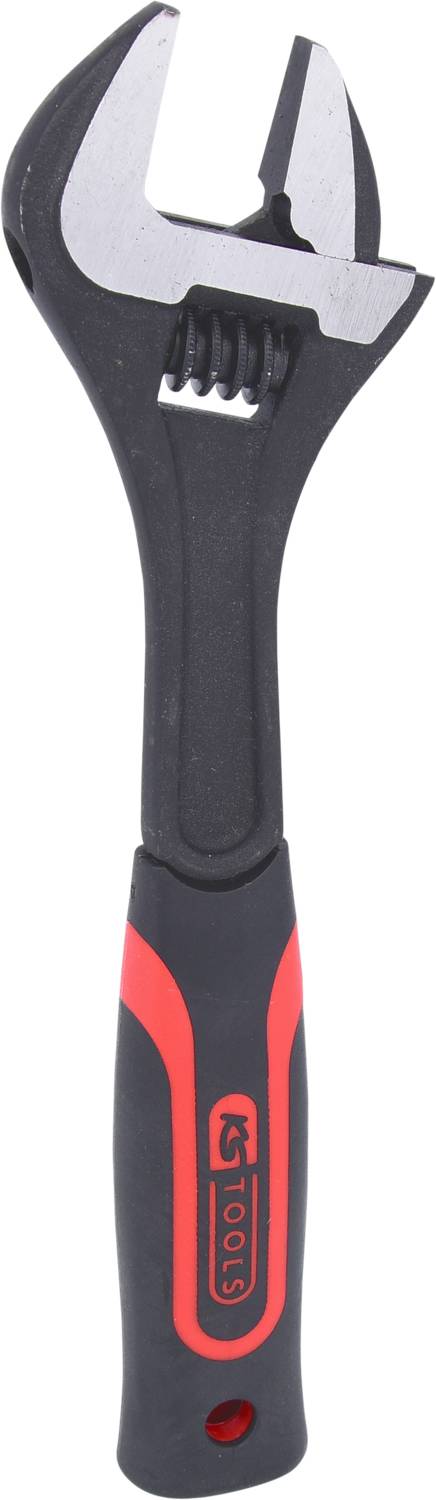 Verstellbarer Schraubenschlüssel mit schwarzem Griff und rotem Akzent, geeignet für verschiedene Schraubengrößen.