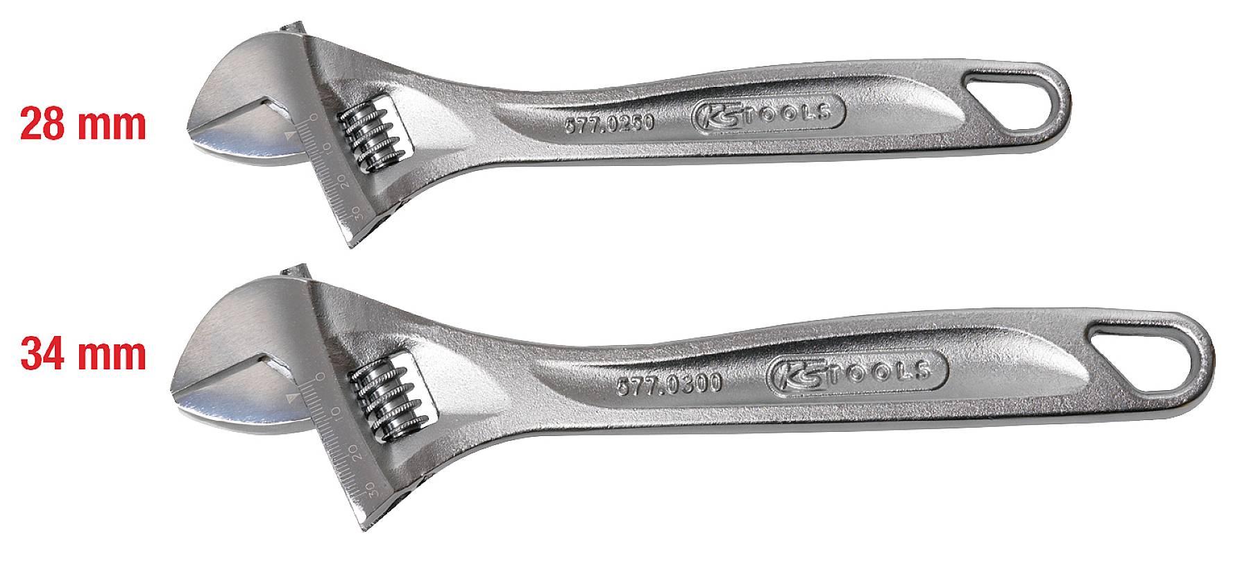 Zwei verstellbare Schraubenschlüssel, einer mit einer maximalen Öffnung von 28 mm und der andere mit 34 mm.
