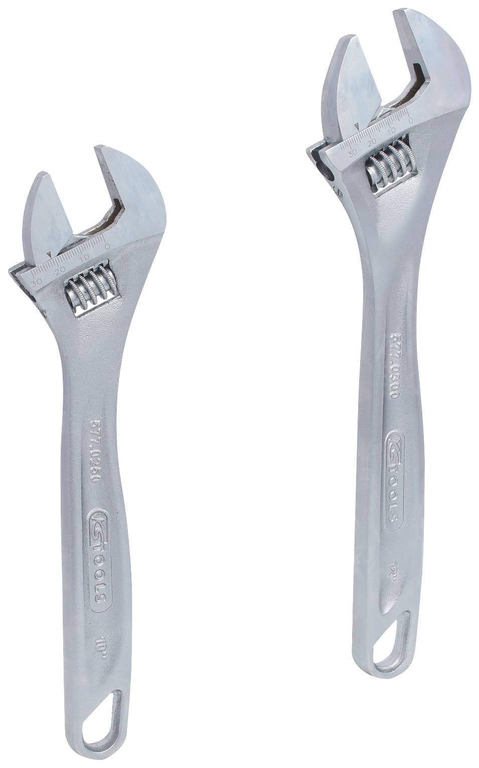 Zwei verstellbare Schraubenschlüssel aus Metall nebeneinander, Griffe zeigen nach unten.