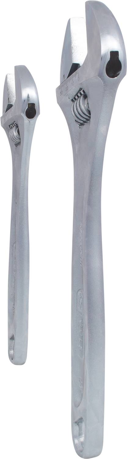 Zwei verstellbare Schraubenschlüssel aus silbernem Metall, einer größer als der andere, auf weißem Hintergrund.
