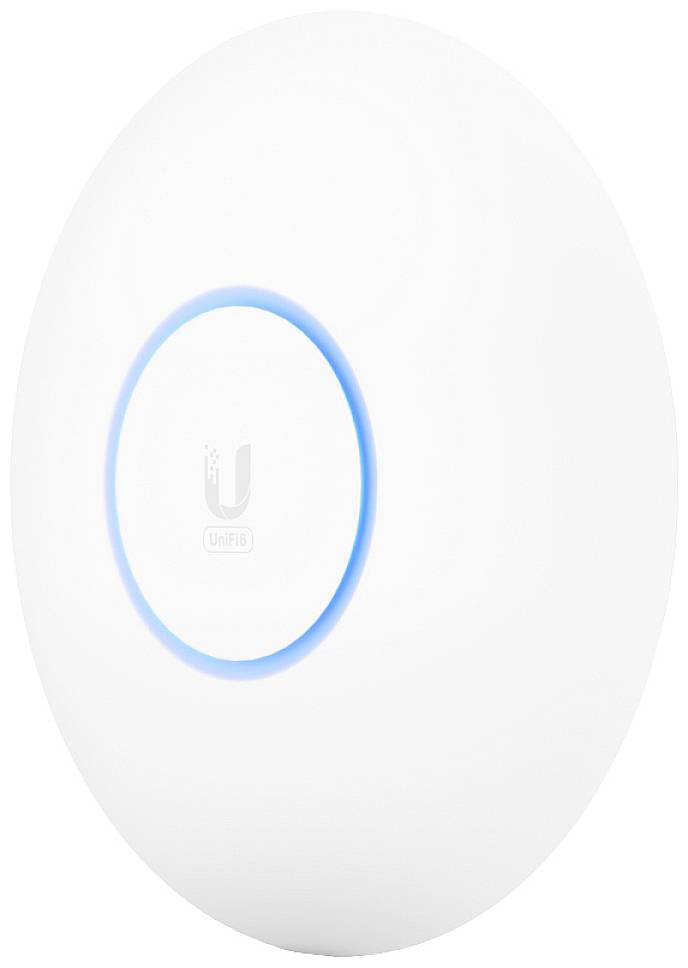 Ein weißer, runder WLAN-Access-Point mit blauem Leuchtring in der Mitte, geeignet für die Installation an der Wand oder Decke.