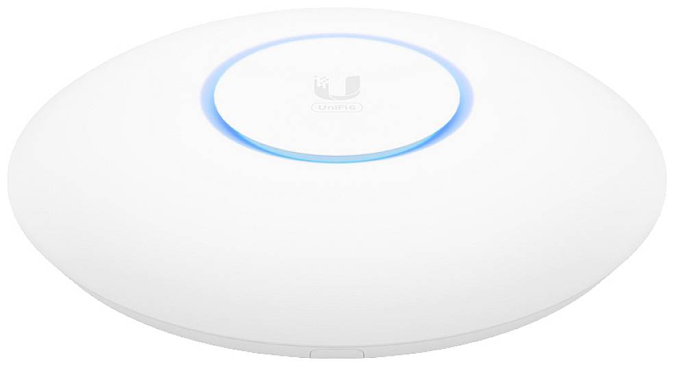 Ein weißer, runder WLAN-Router mit blauem leuchtendem Ring auf der Oberseite. Geeignet zur Deckenmontage in Innenräumen.