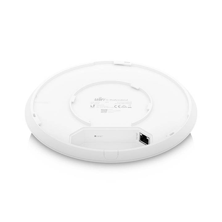 Ein runder, flacher, weißer WLAN-Zugangspunkt mit Netzwerkkabelanschluss und Reset-Taste auf der Unterseite.