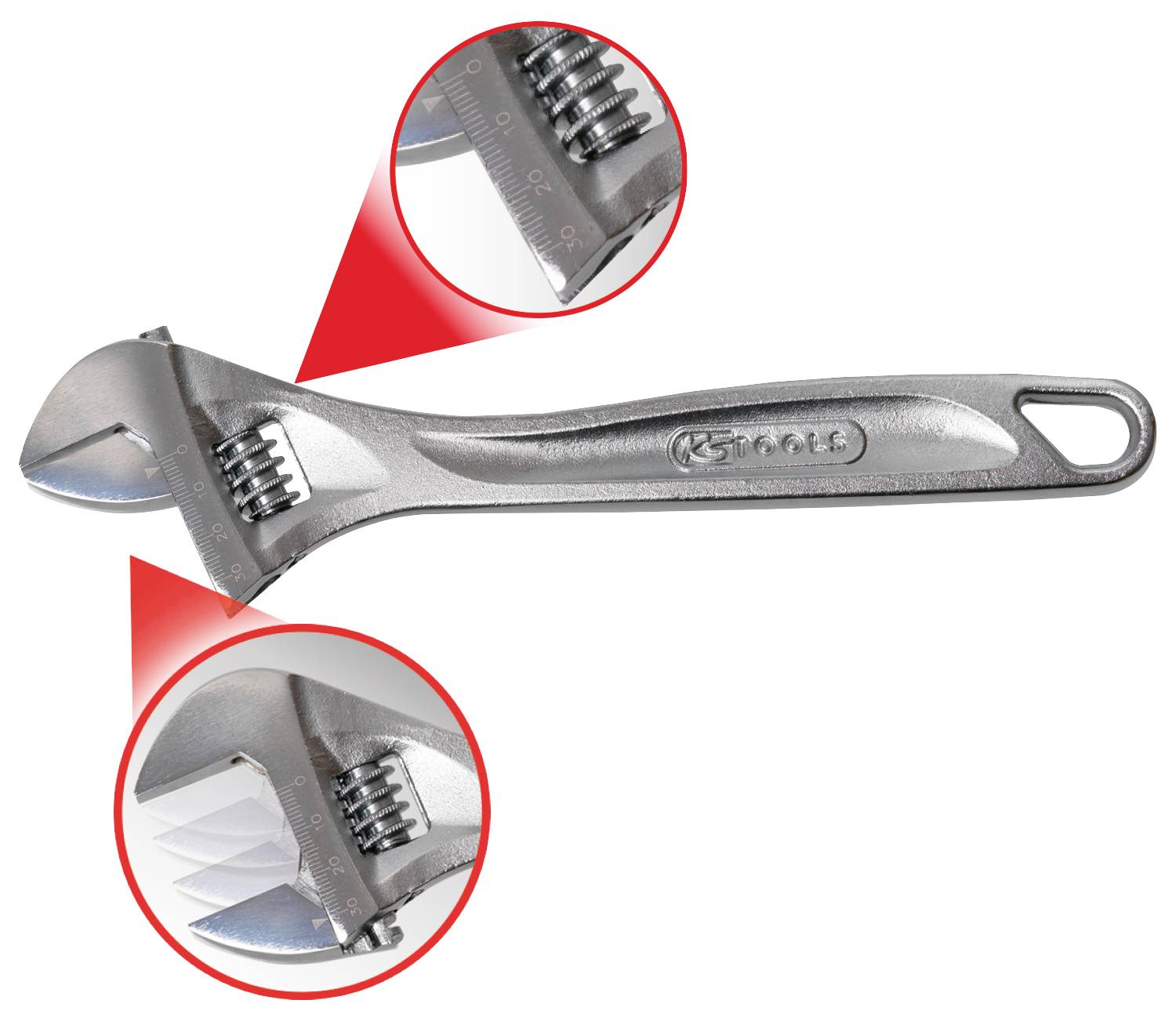 Ein verstellbarer Schraubenschlüssel aus Metall mit Nahaufnahmen, die die Skala und das gezahnte Einstellrad zeigen.