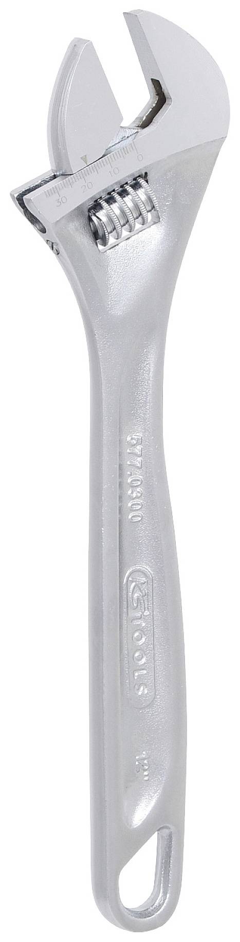 Ein silberner verstellbarer Schraubenschlüssel mit glänzender Oberfläche, geeignet zum Anpassen von Schrauben unterschiedlicher Größe.