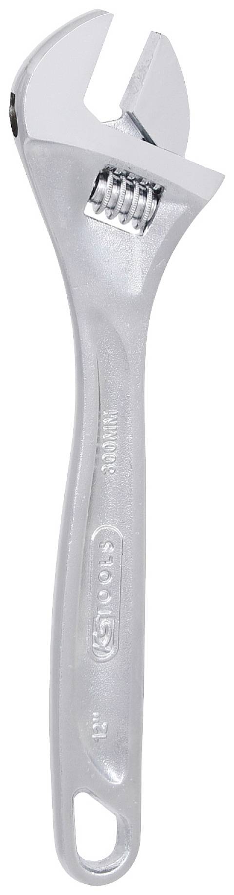 Ein verstellbarer Schraubenschlüssel aus Metall, der für das Greifen und Drehen von Muttern und Schrauben unterschiedlicher Größe verwendet wird.