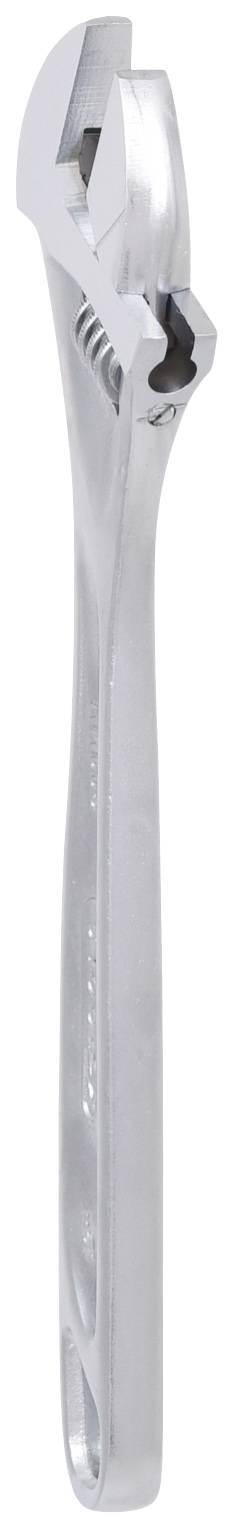 Ein verstellbarer Schraubenschlüssel aus Metall, von der Seite betrachtet, zeigt die gezahnte Backe und das Einstellrad zur Größenanpassung.