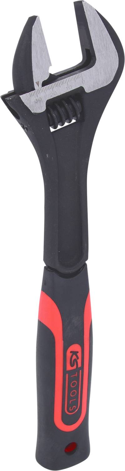 Verstellbarer Schraubenschlüssel mit schwarzem Griff und roten Akzenten. Geeignet für verschiedene Schraubengrößen.