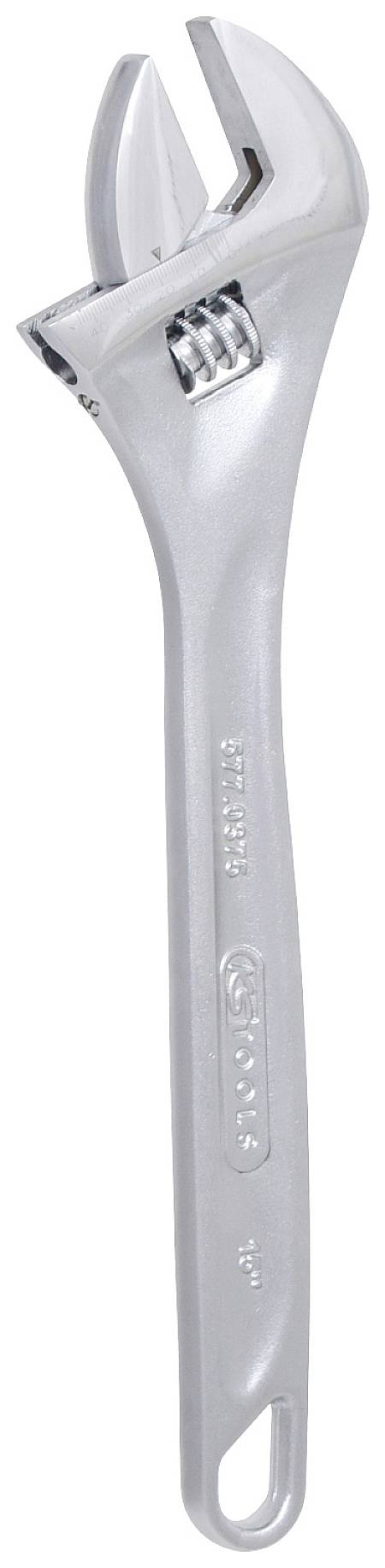 Ein verstellbarer Schraubenschlüssel aus Metall, silberfarben, in geöffneter Position. Geeignet zum Festziehen verschiedener Schraubgrößen.