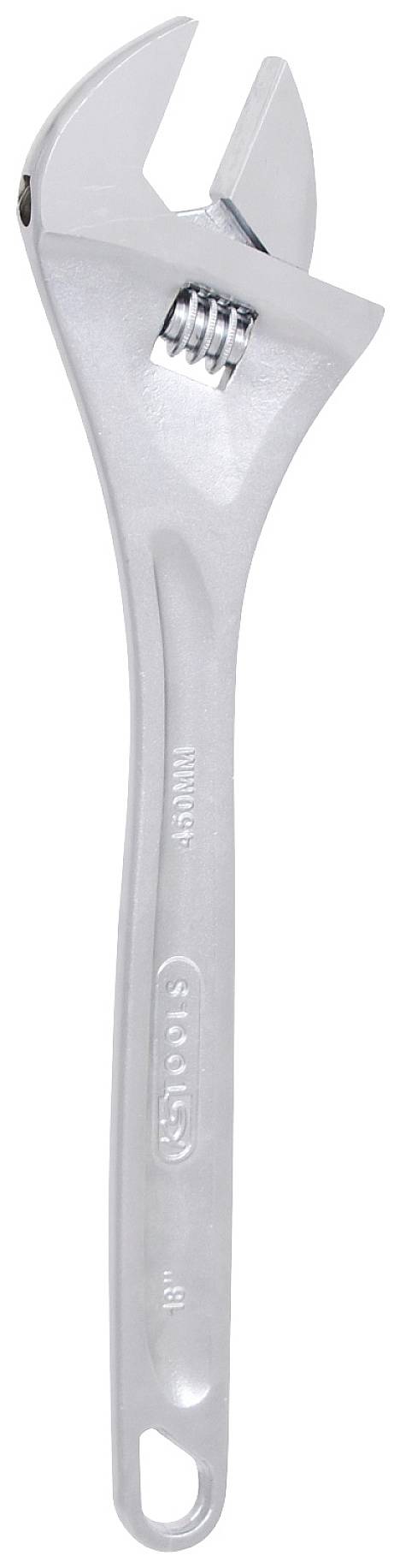 Ein verstellbarer Schraubenschlüssel aus Metall, in geöffneter Position. Werkzeug zur Anpassung an verschiedene Schraubengrößen.