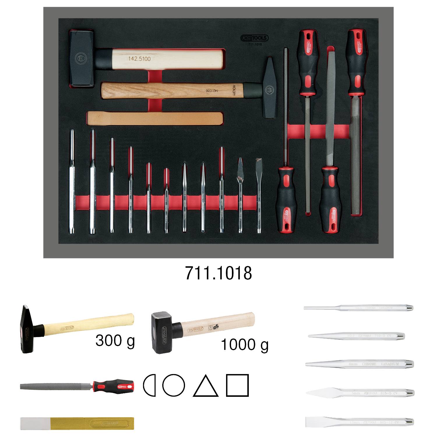 Satz Werkzeuge in Schaumstoffeinlage: Hammer, Feilen, Schraubendreher, Meißel, 300g, 1000g. Diverse Formen und Größen.