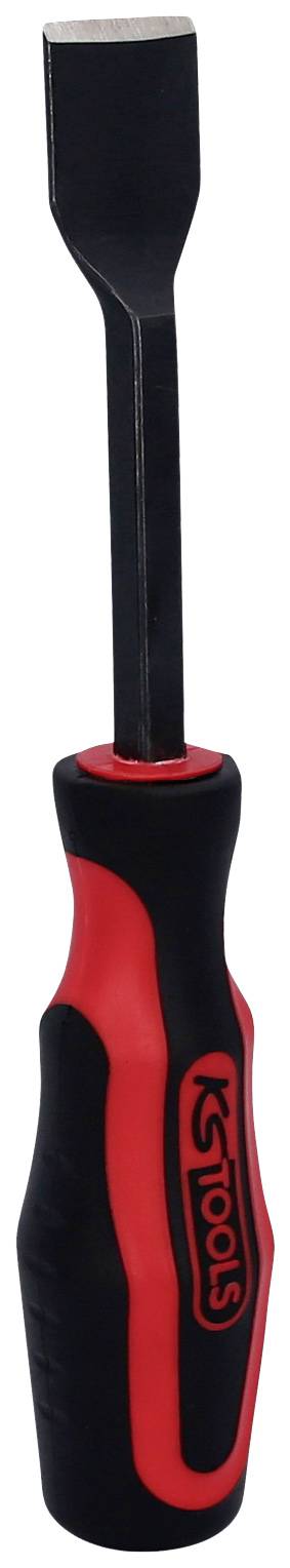 Ein schwarzer und roter Handmeißel mit Kunststoffgriff, geeignet für Holzarbeiten oder zum Entfernen von Materialien.