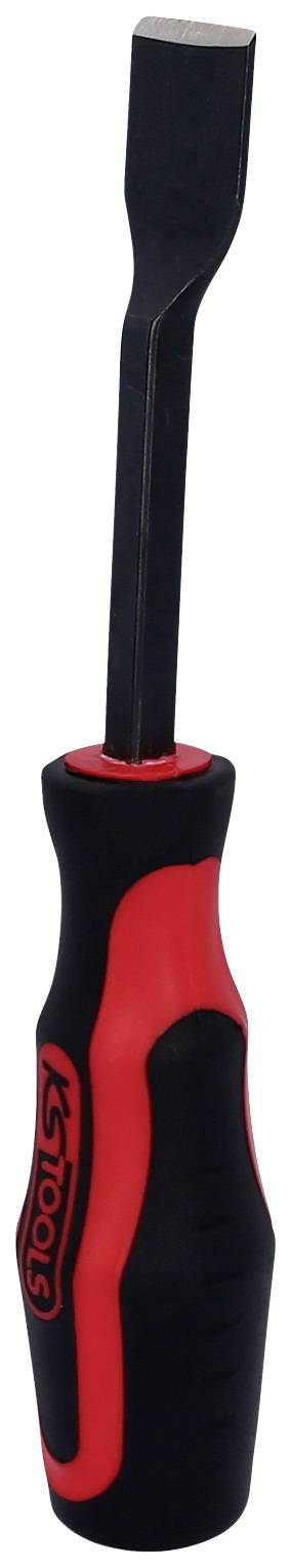 Schraubendreher mit schwarzem, flachem Kopf und gummiertem, rot-schwarzem Griff.