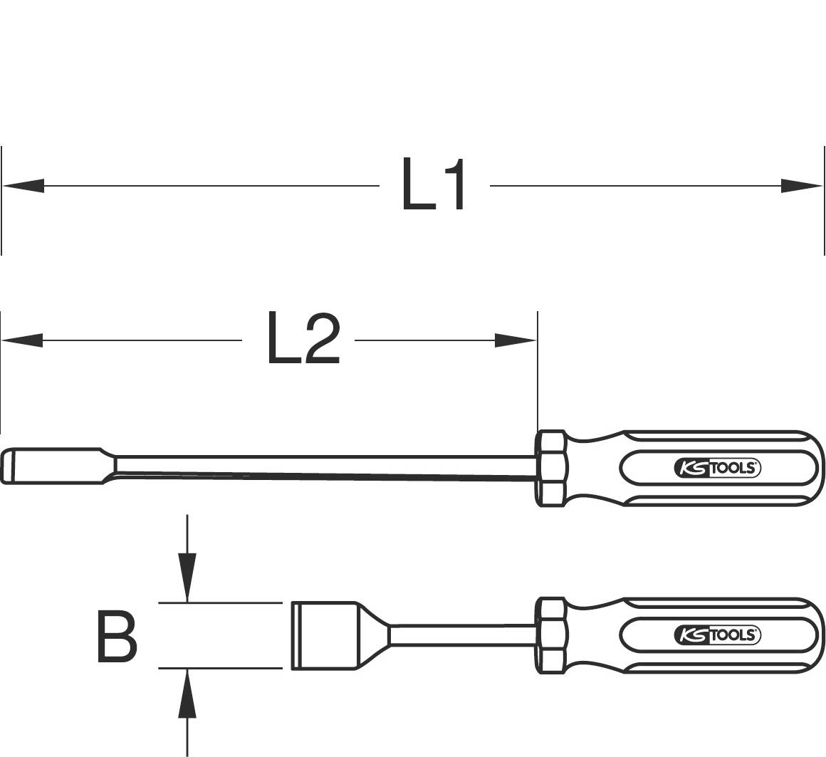 Diagramm eines Schlitzschraubendrehers mit Längenangaben L1 und L2, Breite B. Zeigt die Grifflogos und Stiel-/Kopfmaße.