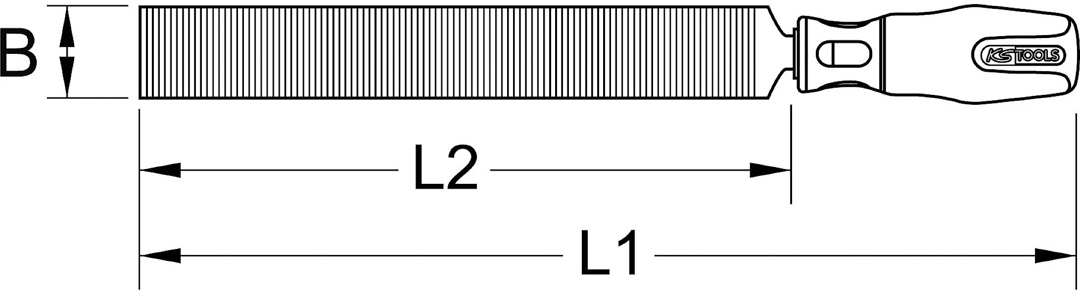 Zeichnung einer flachen Feile mit Griff. Maße: Breite 'B', Längen 'L1' und 'L2'. Gezahnte Fläche zeigt unterschiedliche Längenbereiche.