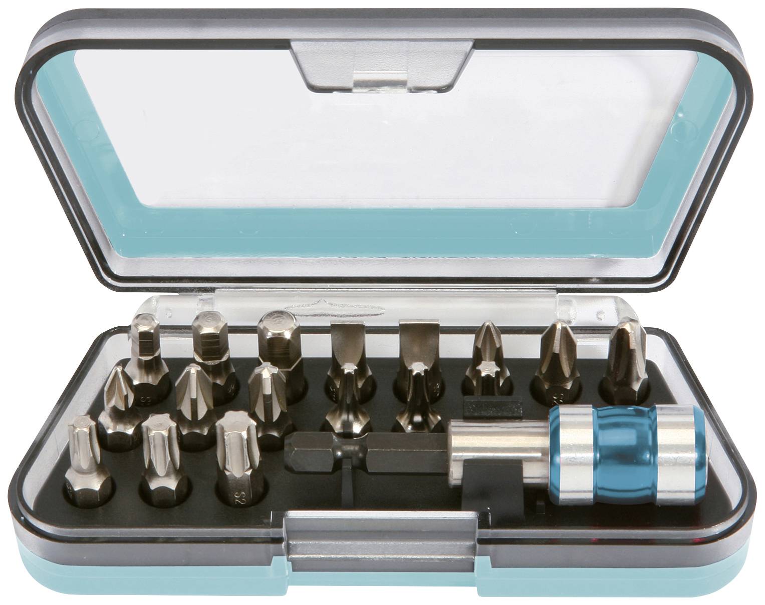 Ein geöffneter Werkzeugkoffer mit verschiedenen Schraubendreher-Bits und einem Griffaufsatz.