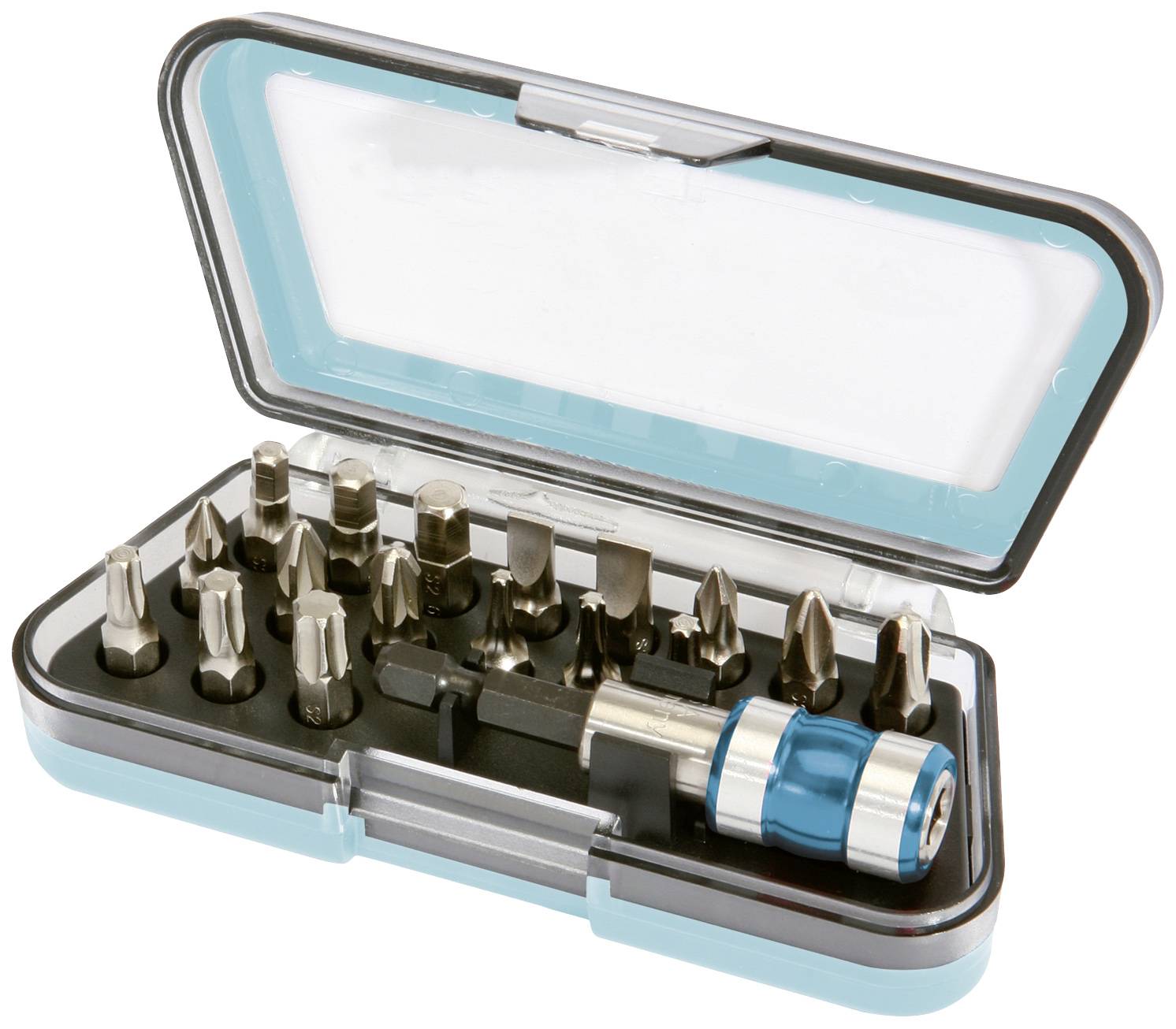 Ein Satz mit verschiedenen Schraubendreher-Bits in einer offenen, blauen Kunststoffbox, geeignet für diverse Schraubarbeiten.