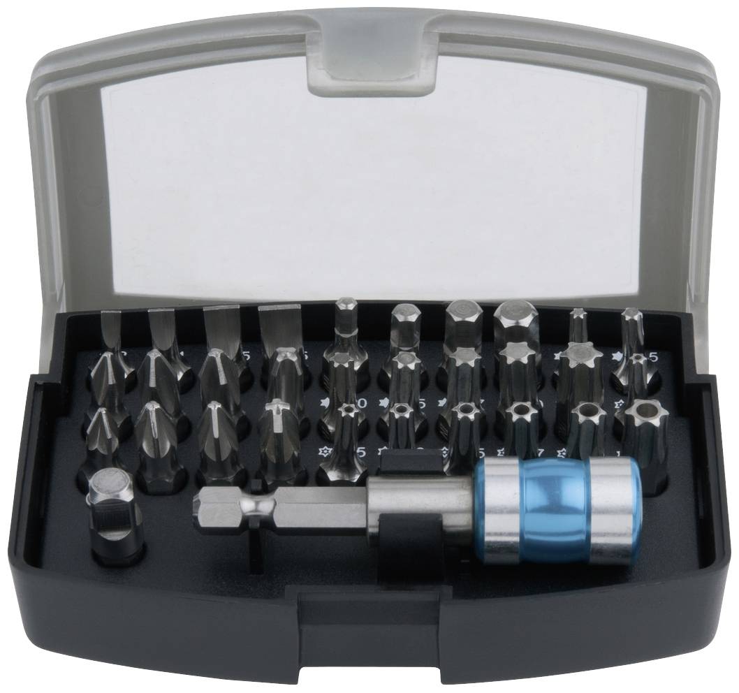Satz mit verschiedenen Schraubendreherbits in einer offenen schwarzen Box mit transparentem Deckel, enthalten sind Torx, Kreuzschlitz, und Schlitz.