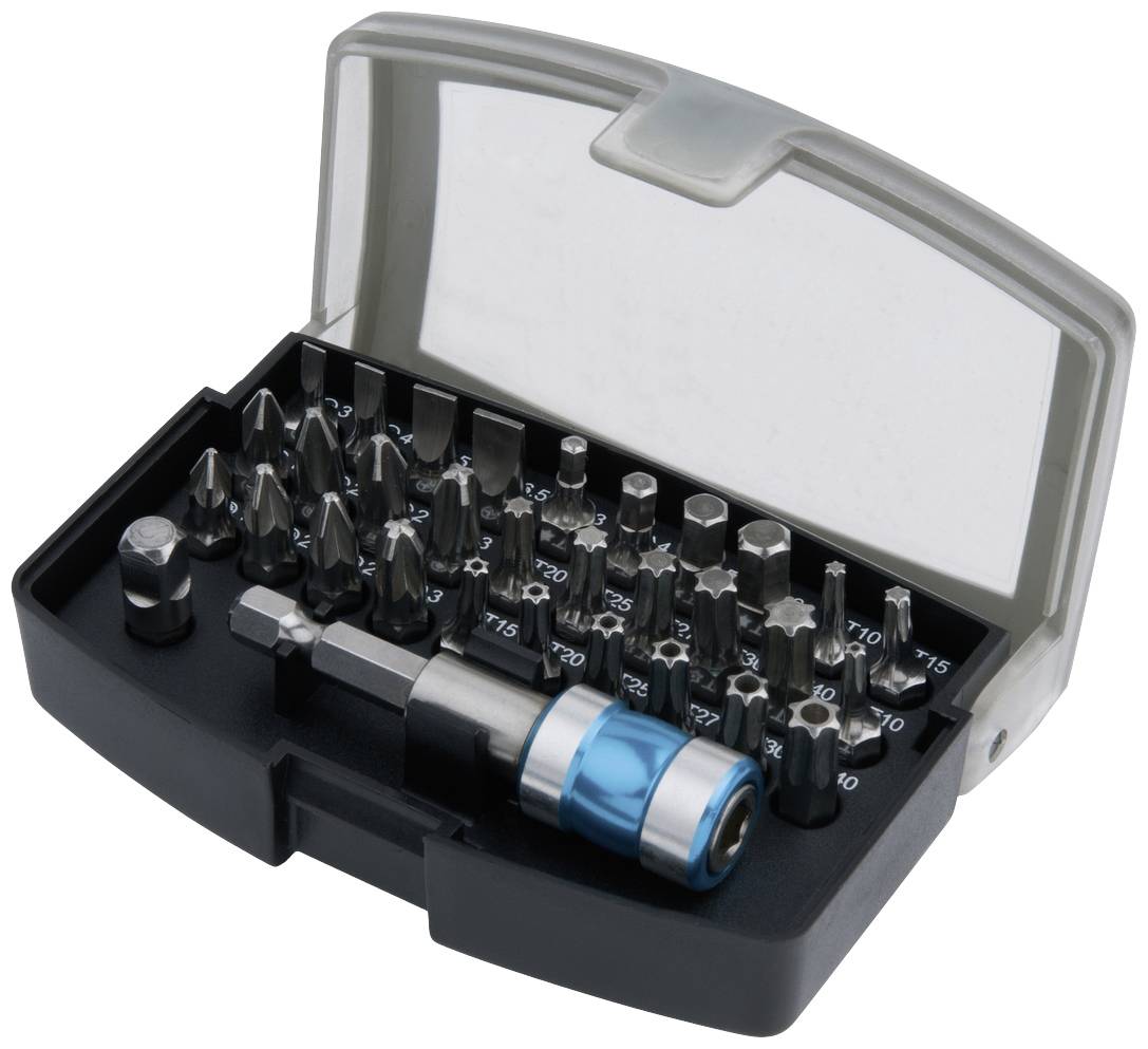 Ein Set von verschiedenen Schraubendreher-Bits in einer offenen Kunststoffbox, einschließlich eines Bit-Halters mit blauem Griff.