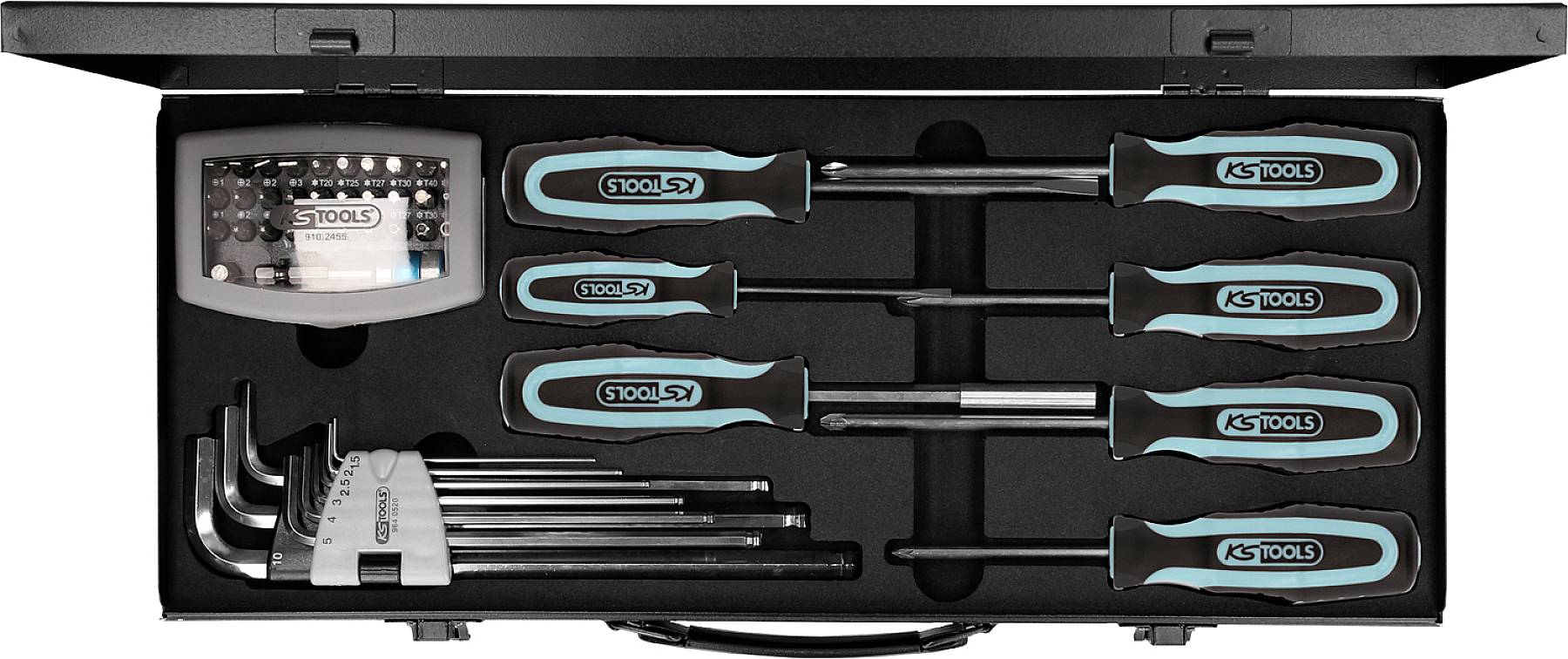 Werkzeugkoffer mit verschiedenen Schraubendrehern, Bits und Inbusschlüsseln, allesamt im Schaumstoff eingelegt. Markenname 'KS Tools'.