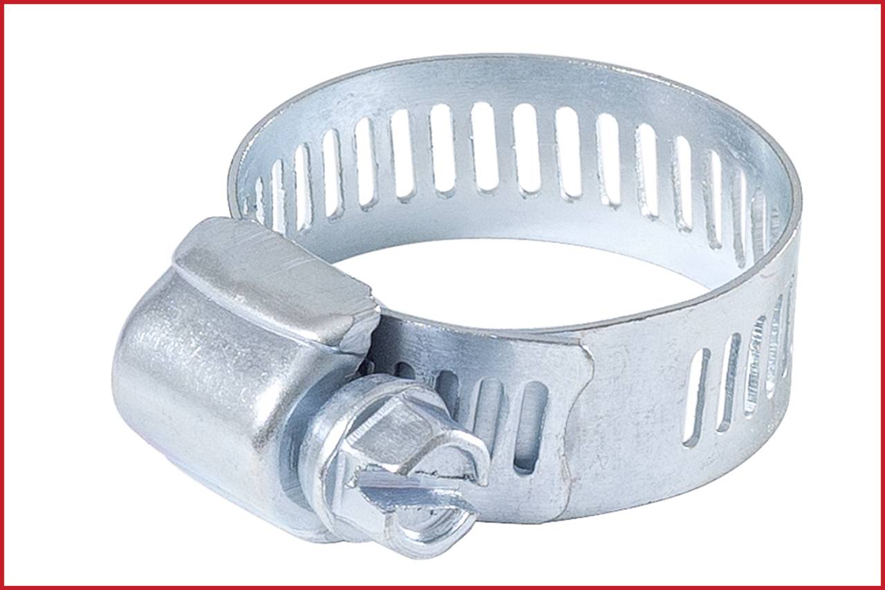 Metall-Schlauchschelle mit Schraubverschluss, zylindrische Form und schmale Öffnungen zur Anpassung der Größe.