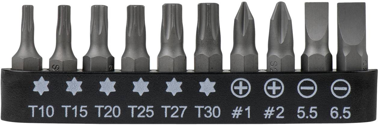 Metall-Bitset mit 10 Bits unterschiedlicher Formen und Größen in einem schwarzen Kunststoffhalter.