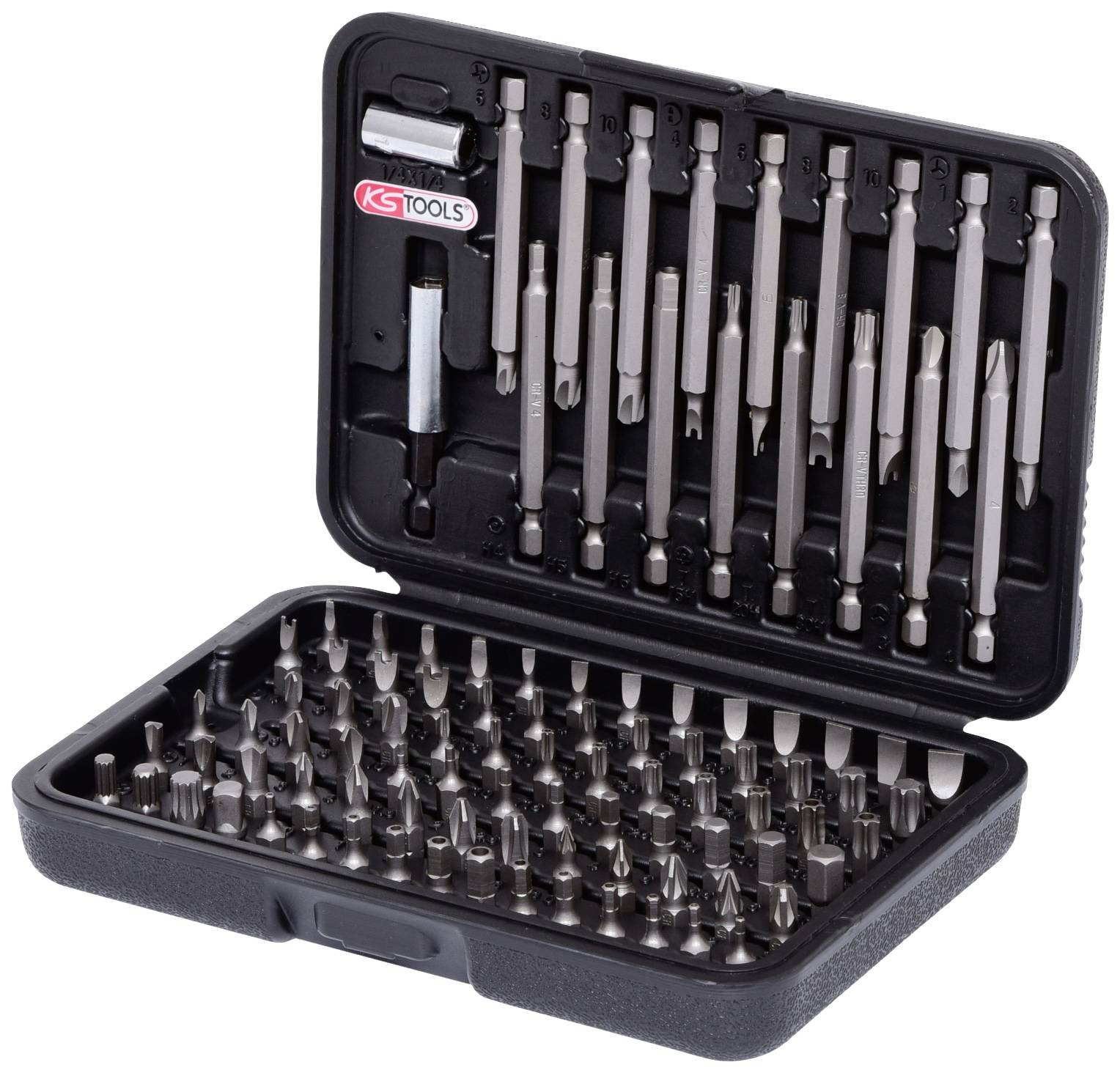 Ein offenes Set von Schraubendrehereinsätzen in einem schwarzen Kunststoffkoffer mit vielen verschiedenen Bits und einem Schraubendrehergriff.
