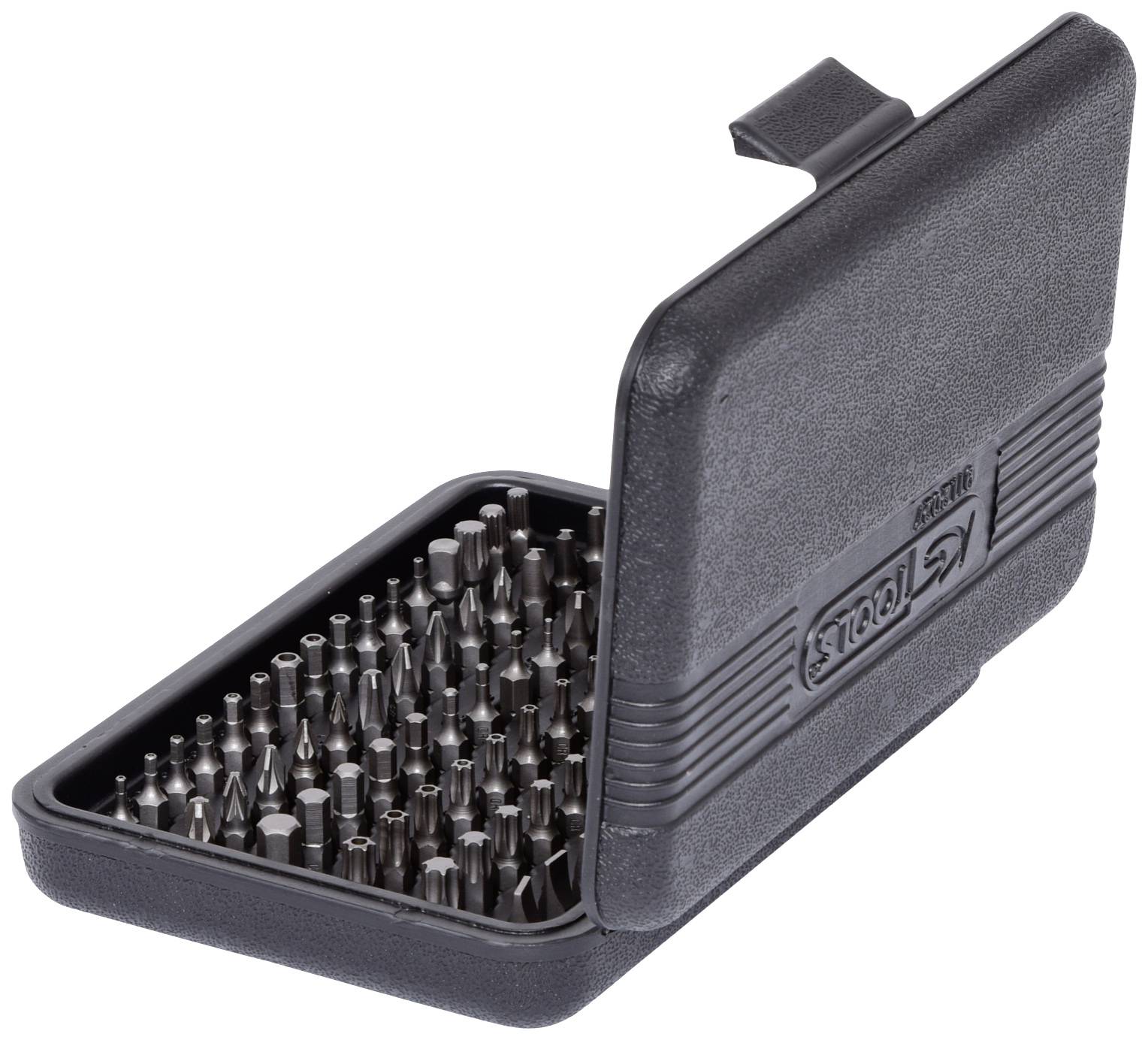 Offene schwarze Schachtel mit vielen kleinen Metallbohrern, die organisiert in Rillen angeordnet sind.