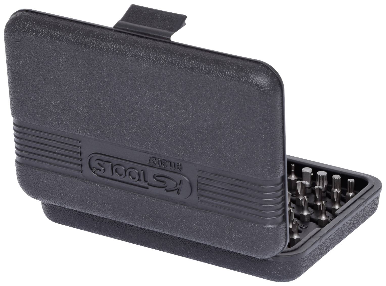 Schwarzes Kunststoffgehäuse mit einem Set von Metall-Bits für Schraubendreher.