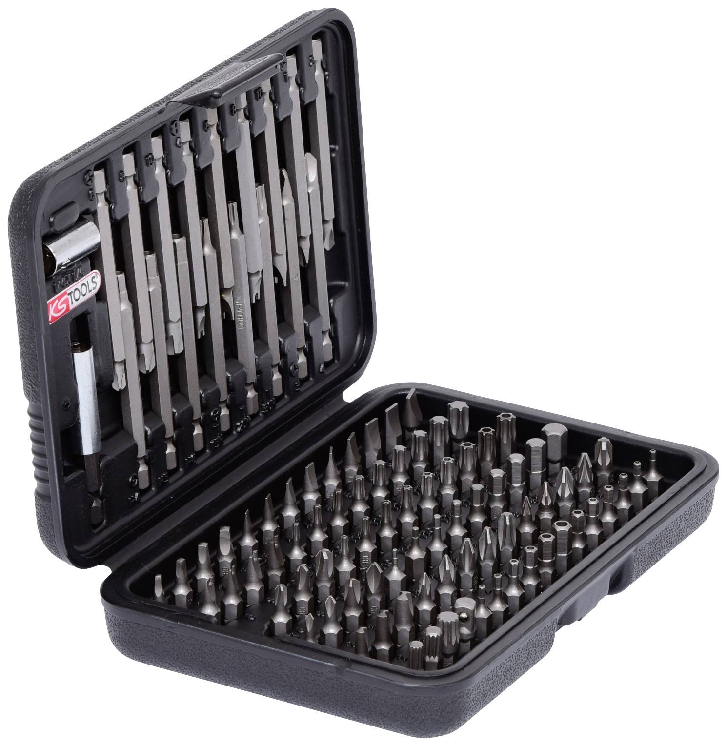 Offenes Etui mit einem umfangreichen Schrauber-Bit-Set. Verschiedene Bits sind ordentlich in Reihen geordnet.