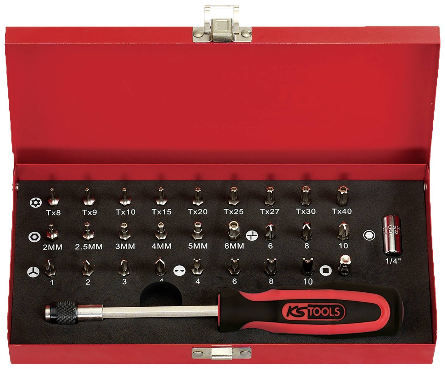 Ein rot-schwarzes Werkzeugset mit Schraubendrehergriff und verschiedenen Bits in einem offenen roten Kasten, beschriftet von T8 bis T40.