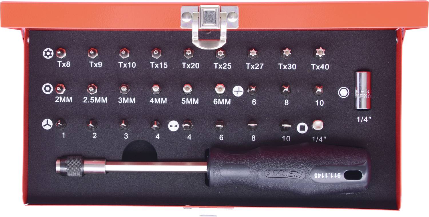 Ein rotes Schraubendreher-Set mit verschiedenen Torx-Bits von Tx8 bis Tx40, Sechskant-Bits von 2mm bis 6mm, und einem Griff.