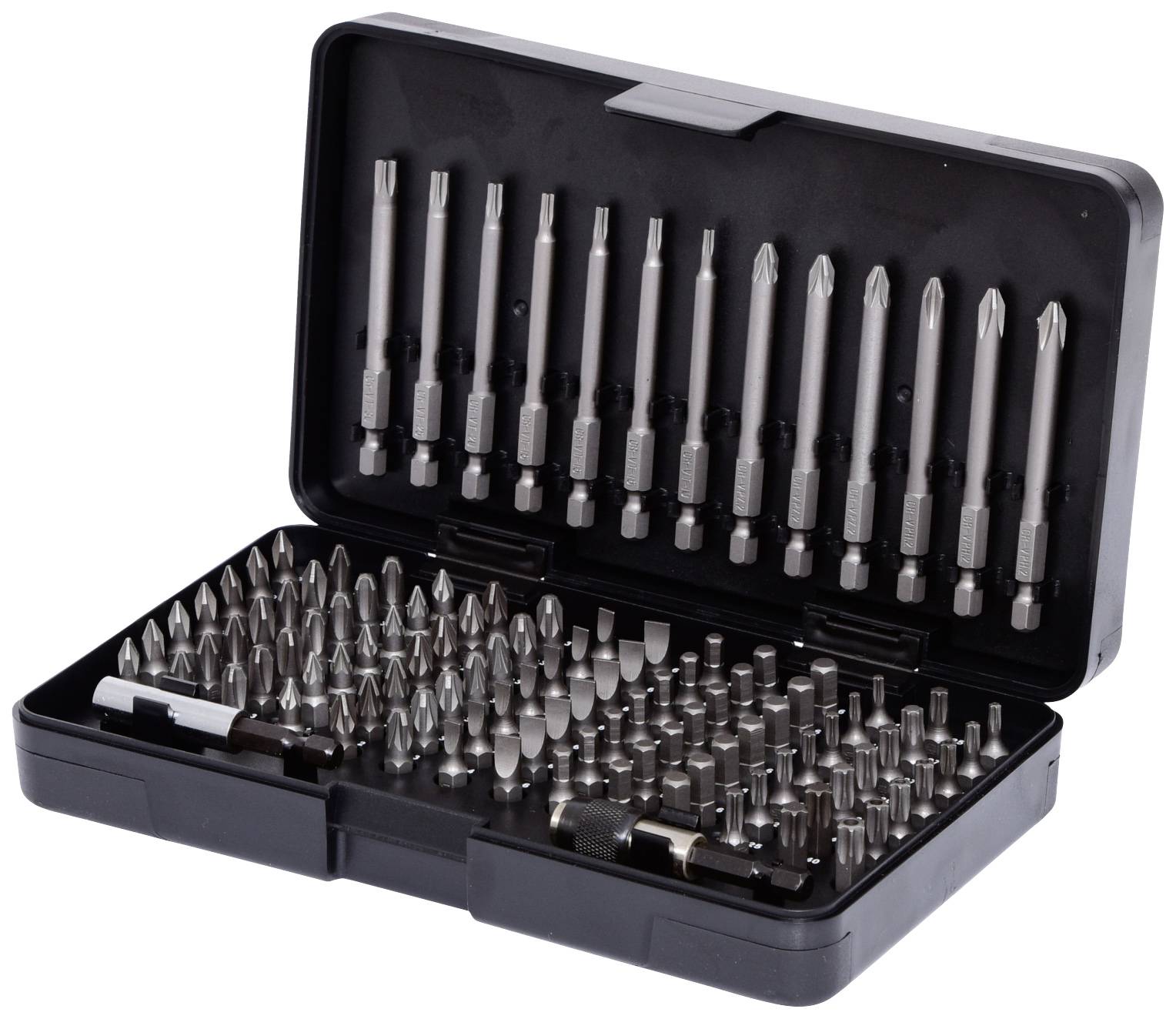Ein offenes Werkzeugset mit verschiedenen Schraubendrehereinsätzen in einem schwarzen Koffer.
