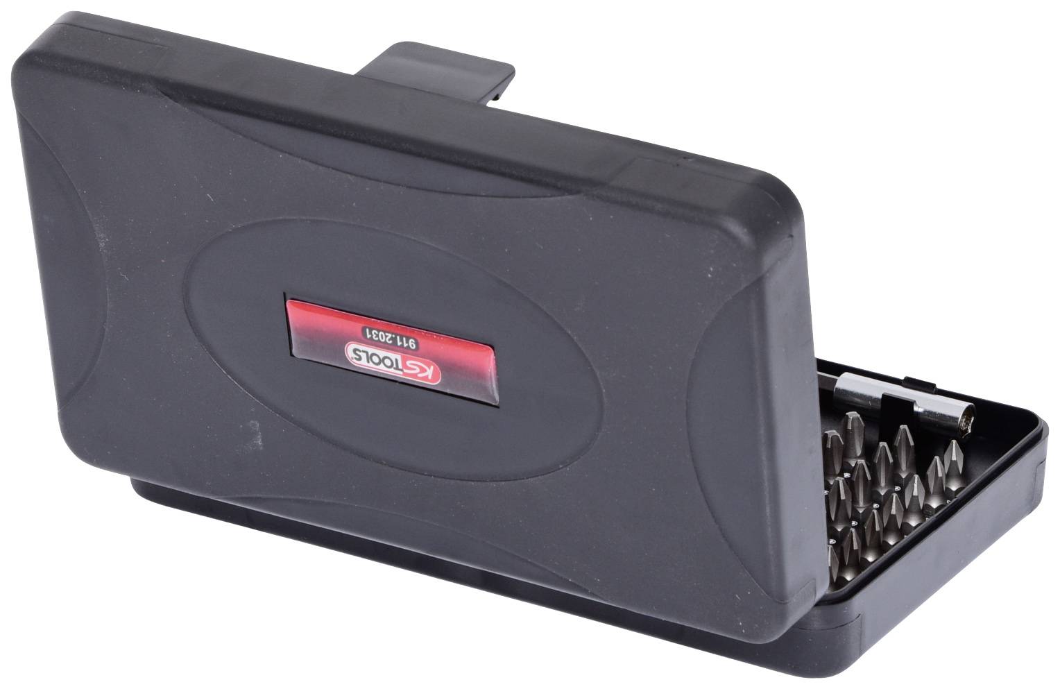 Ein schwarzer Kasten mit mehreren Schraubendreher-Bits verschiedener Größen, teilweise geöffnet, zeigt die Werkzeug-Bits.