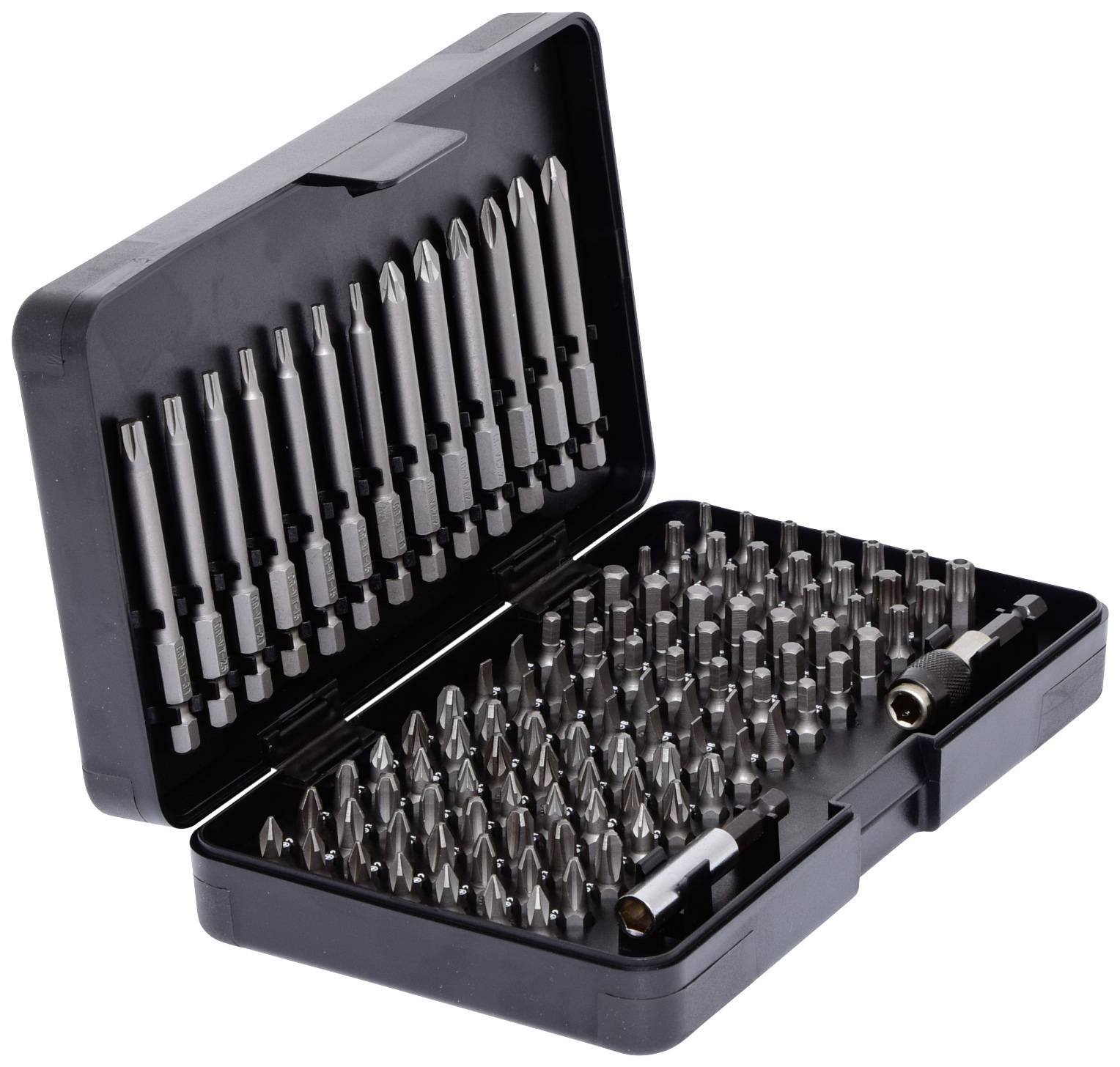 Ein geöffneter schwarzer Werkzeugkasten mit diversen Schraubendreher-Bits in verschiedenen Formen und Größen sowie zwei Bit-Halter.