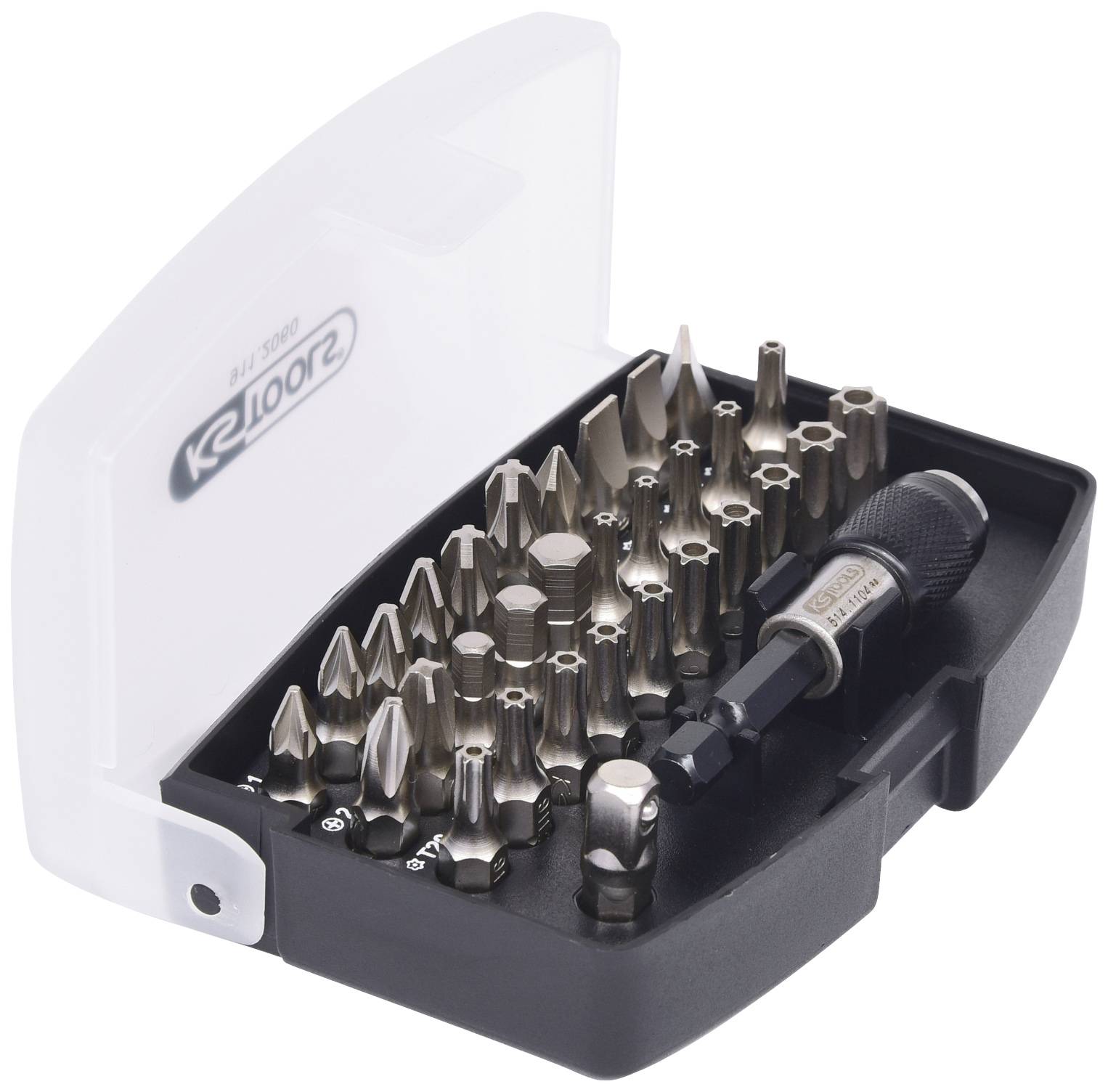 Satz mit verschiedenen Schraubendreher-Bits in einer offenen Kunststoffbox. Enthält Torx-, Kreuzschlitz- und Schlitz-Bits.