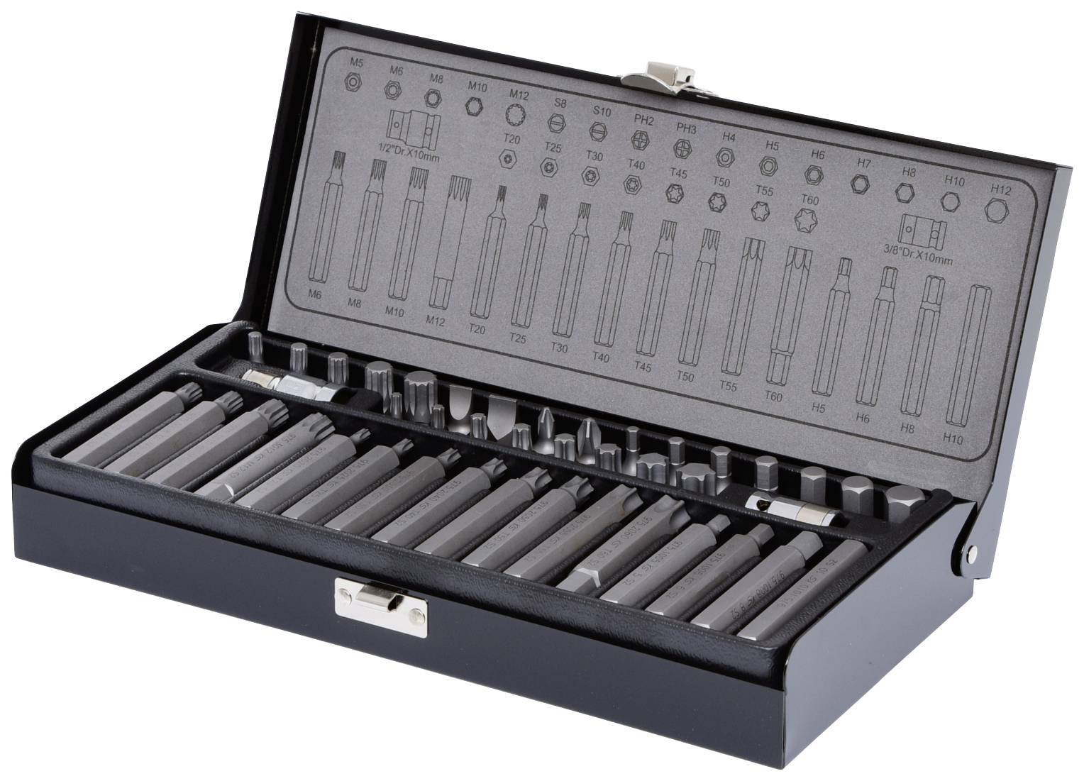 Ein offenes schwarzes Etui mit verschiedenen Bitaufsätzen in unterschiedlichen Größen, geordnet und mit Markierungen auf dem Deckel.